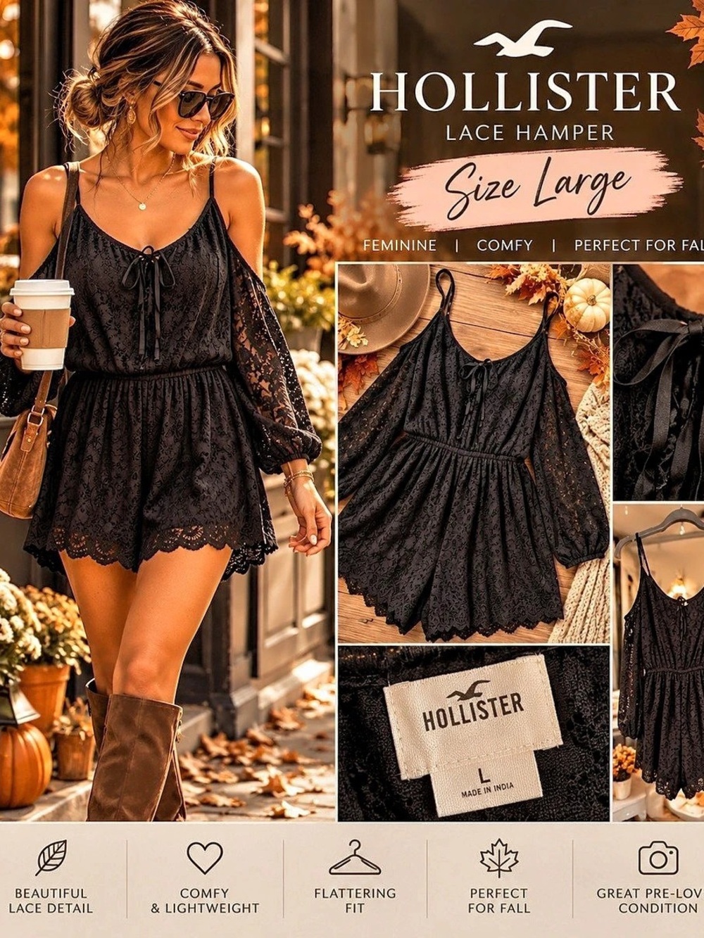 Hollister Cold Shoulder Lace Romper Black Size Large new